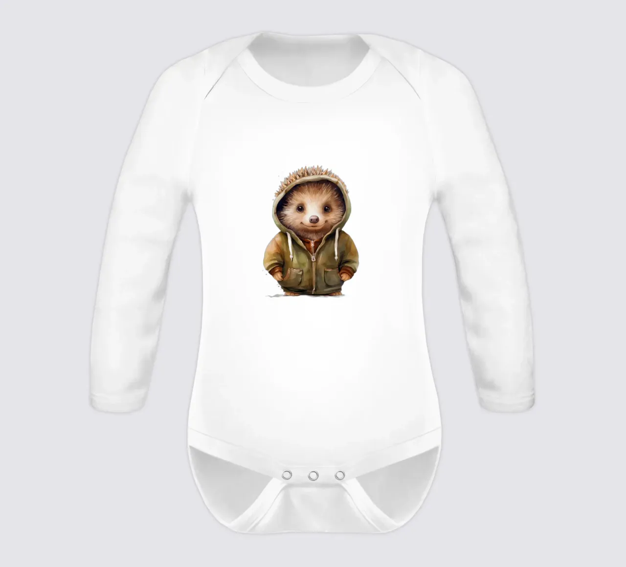 Aquarel Cartoon Egel in een Hoodie babyrompertje lange mouwen van Animal Portraits