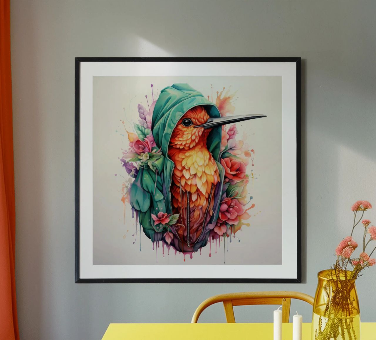 Watercolor Cartoon Hummingbird in a Hoodie poster by Animal Portraits