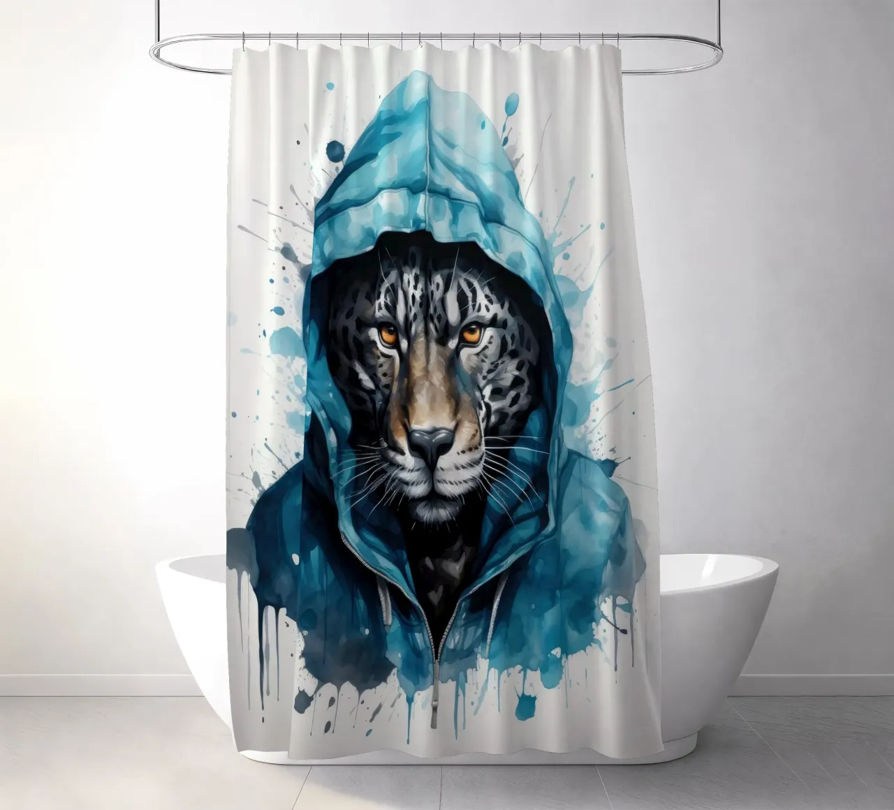 Acquerello Cartoon Jaguar in felpa con cappuccio tenda da doccia da Animal Portraits