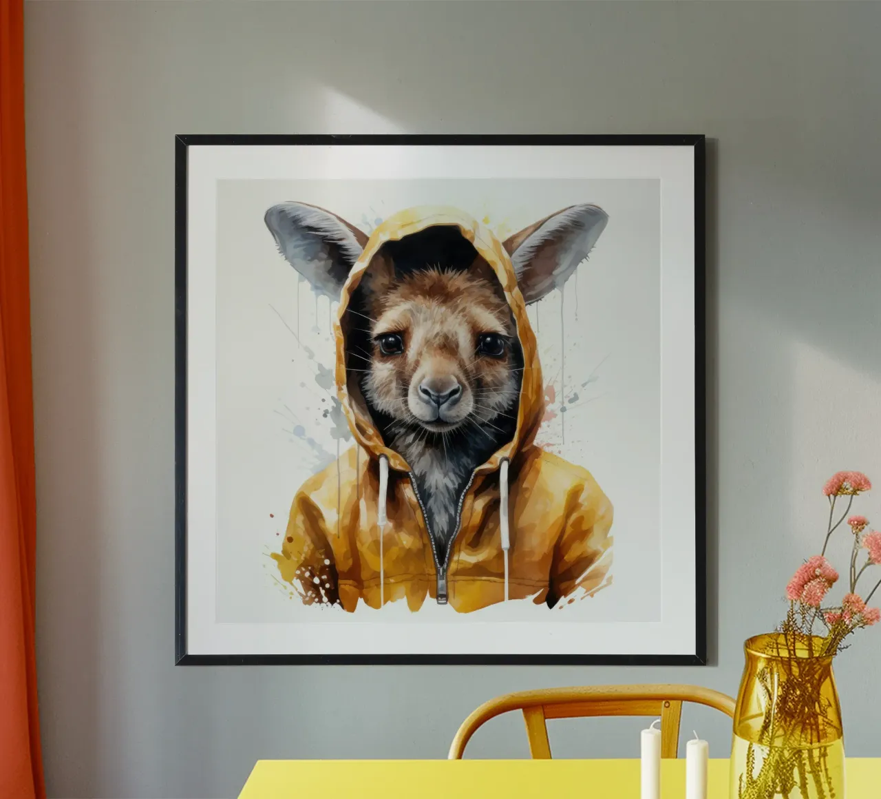 Cartone animato acquerellato Canguro in felpa con cappuccio carta hahnemühle da Animal Portraits