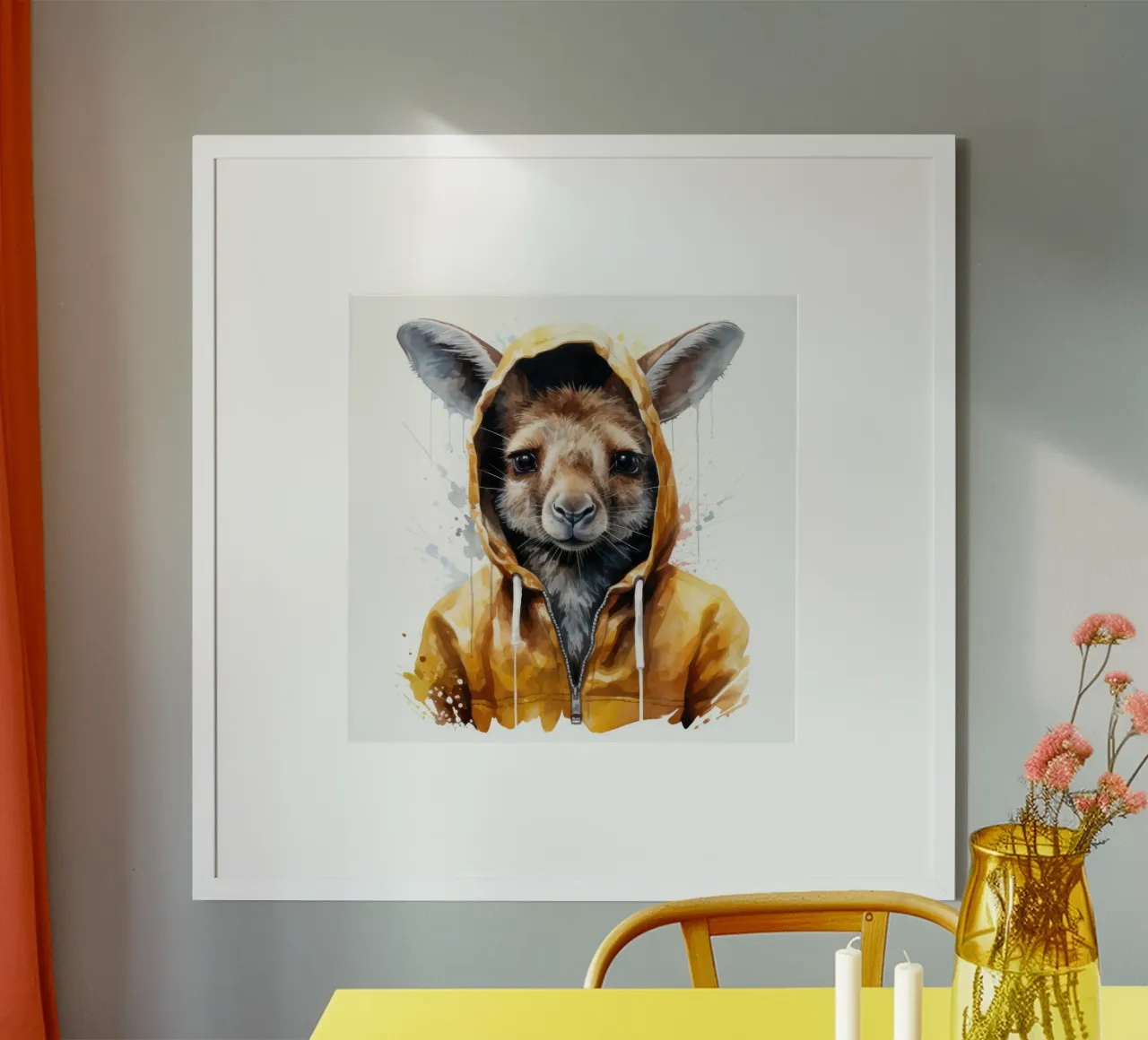 Cartone animato acquerellato Canguro in felpa con cappuccio carta hahnemühle da Animal Portraits