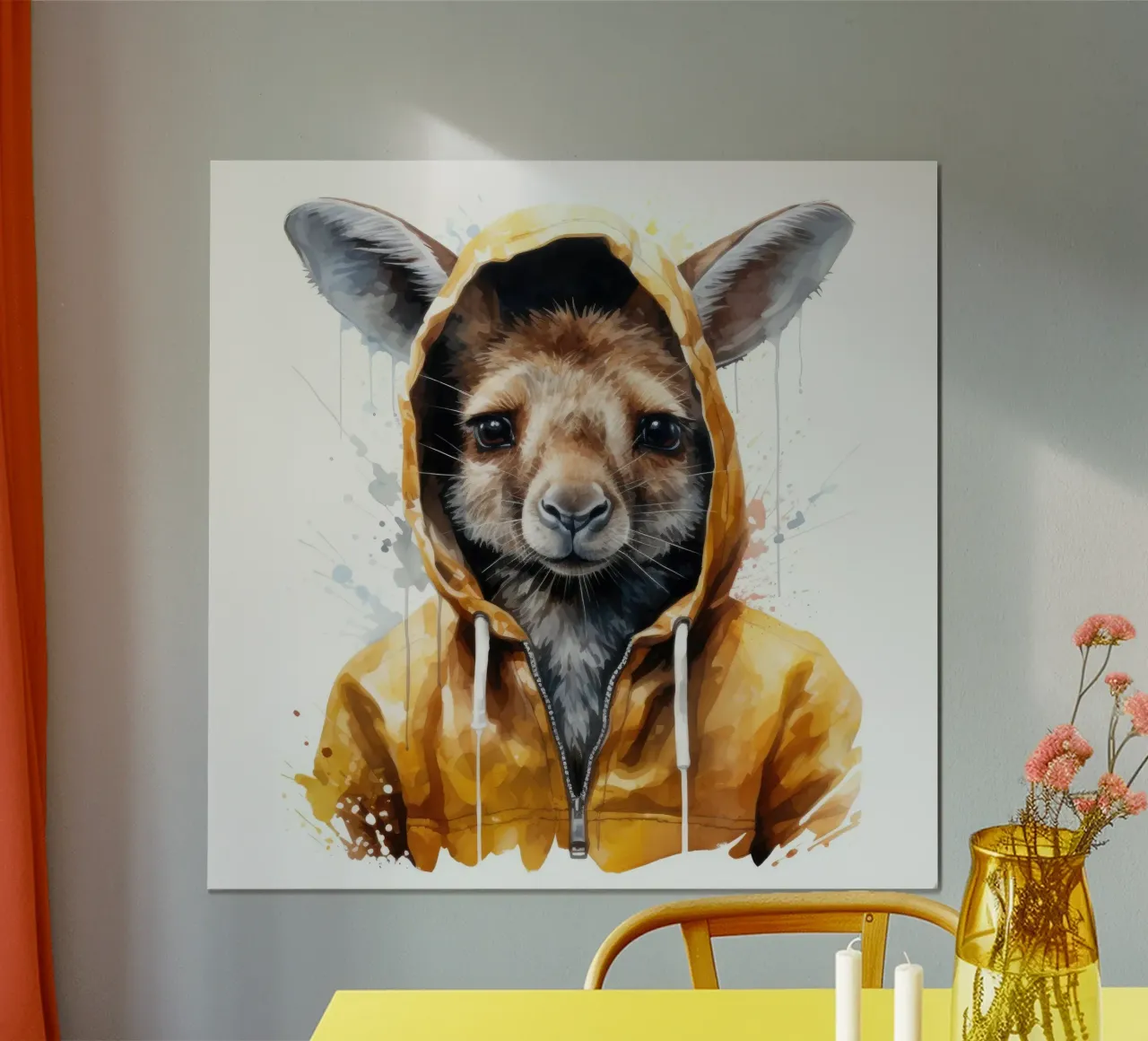 Cartone animato acquerellato Canguro in felpa con cappuccio carta hahnemühle da Animal Portraits