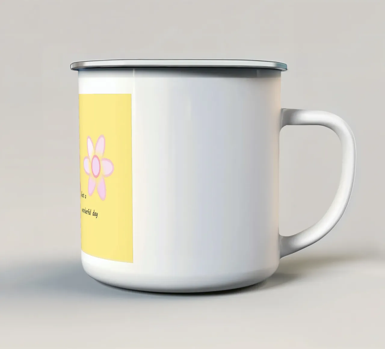 Due fiori rosa su sfondo giallo con testo tazza in smalto da Something for you
