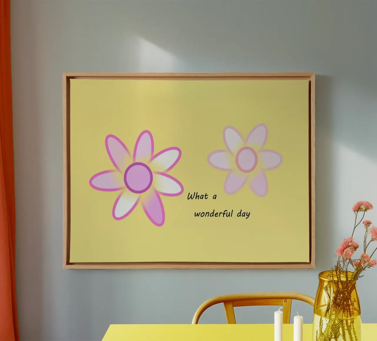Due fiori rosa su sfondo giallo con testo tela con Cornice a cassetta da Something for you