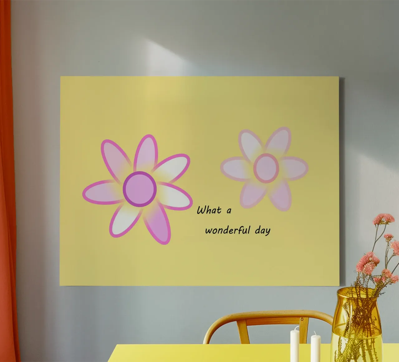 Due fiori rosa su sfondo giallo con testo tela con Cornice a cassetta da Something for you