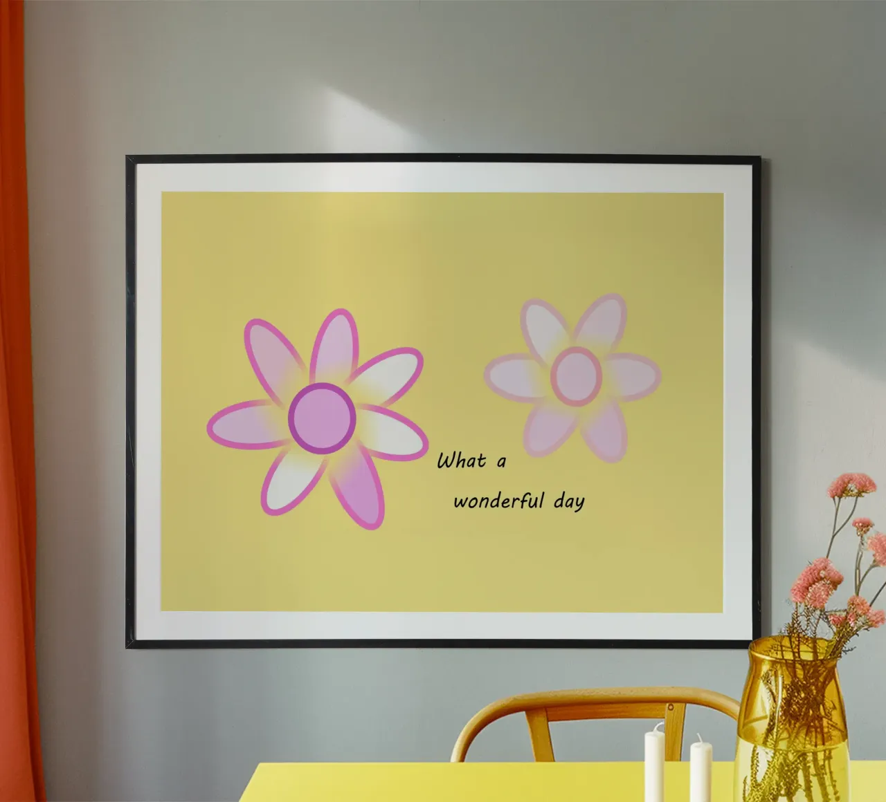 Deux fleurs roses sur fond jaune avec texte poster avec cadre en bois de Something for you