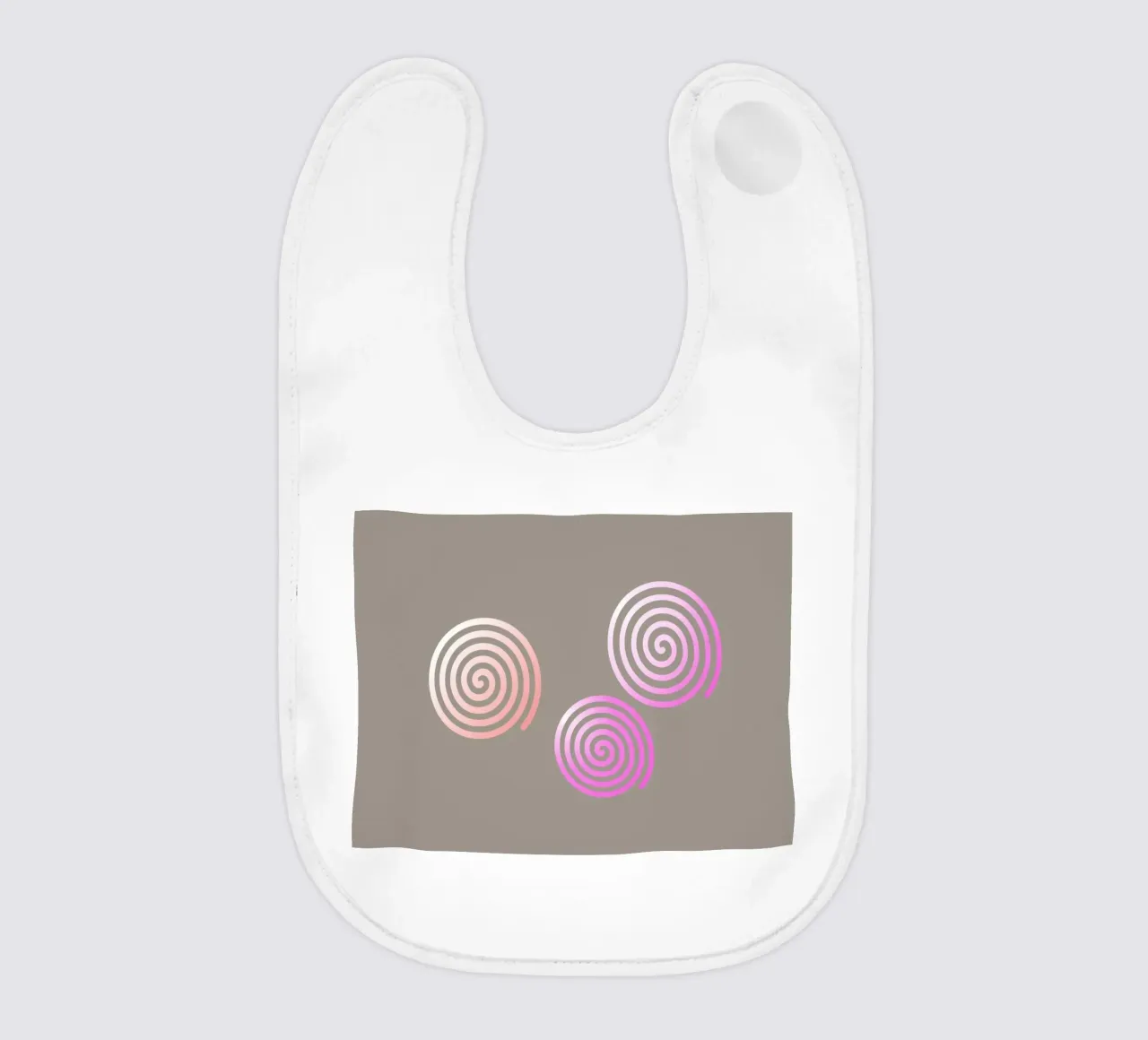 Three pink spirals on a grey background baby bib by Something for you