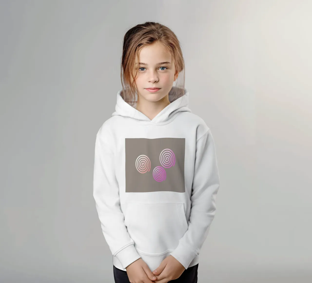 Three pink spirals on a grey background kids hoodie by Something for you