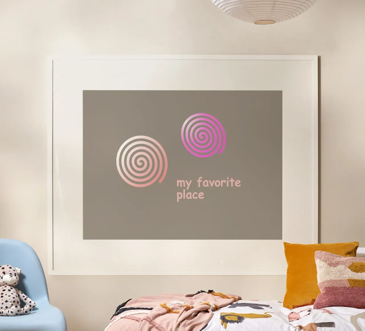 Twee roze spiralen op een grijze achtergrond met tekst poster met aluminium frame van Something for you