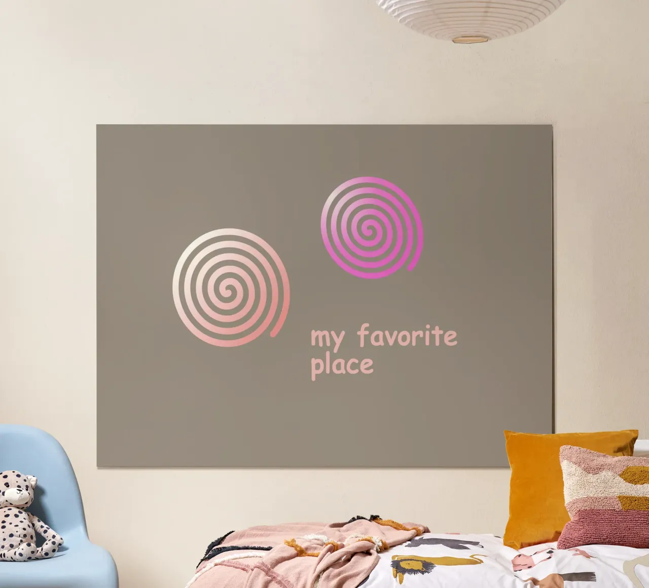 Twee roze spiralen op een grijze achtergrond met tekst poster met aluminium frame van Something for you