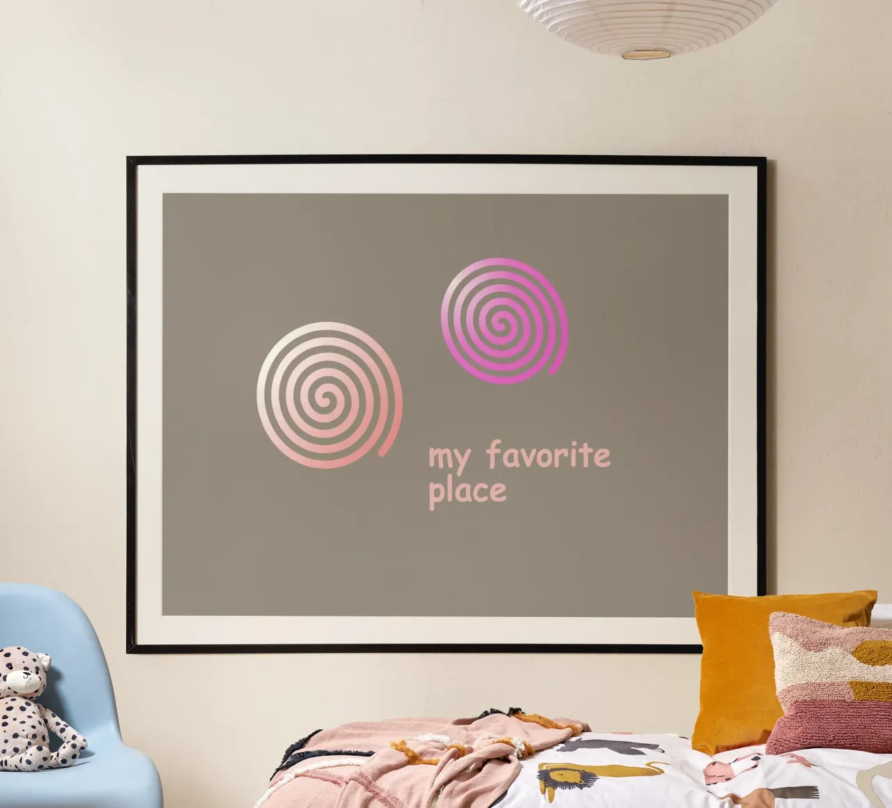Twee roze spiralen op een grijze achtergrond met tekst poster met aluminium frame van Something for you