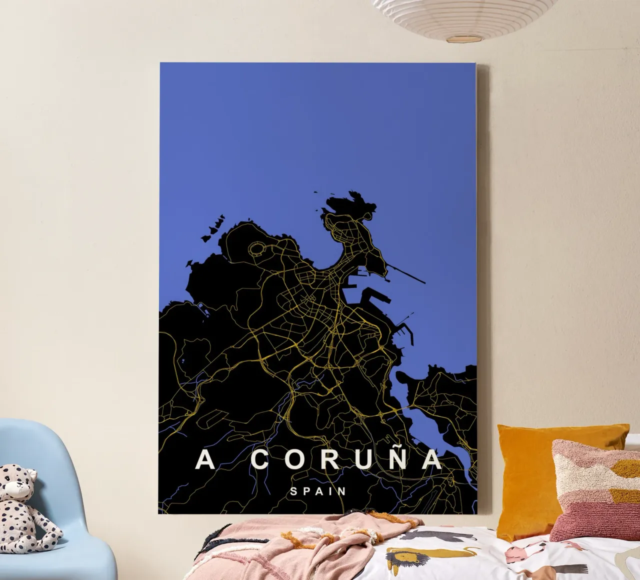 A Coruna Spagna Mappa della città in nero e oro tela con Cornice a cassetta da Cartographers Library