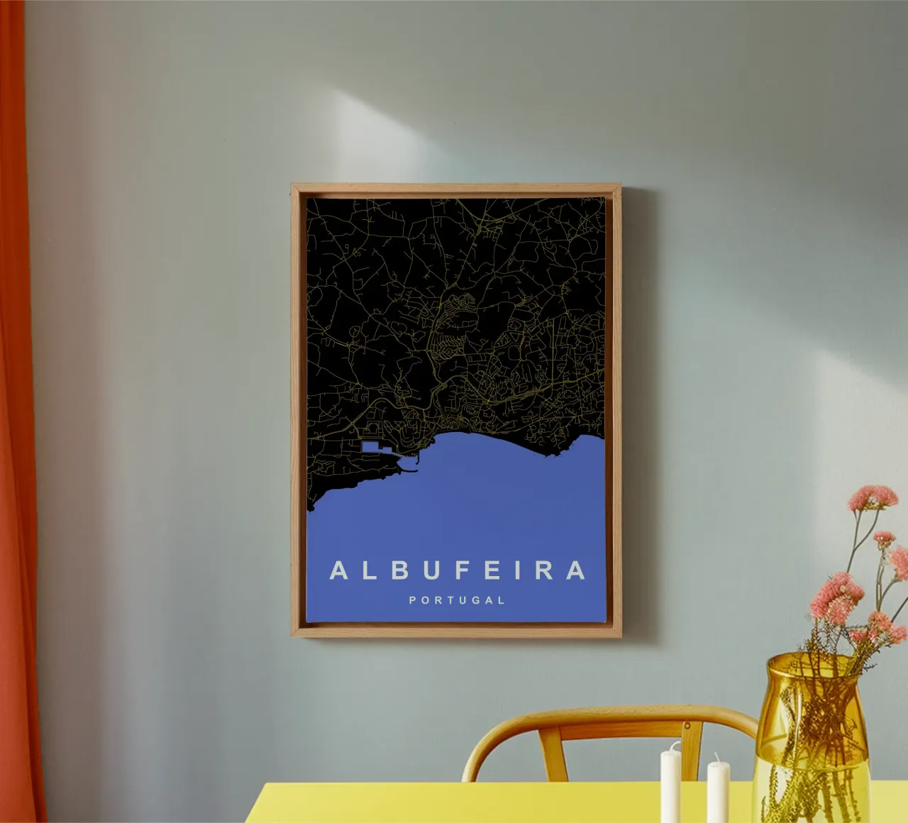 Albufeira Portogallo - Mappa della città in nero e oro tela con Cornice a cassetta da Cartographers Library