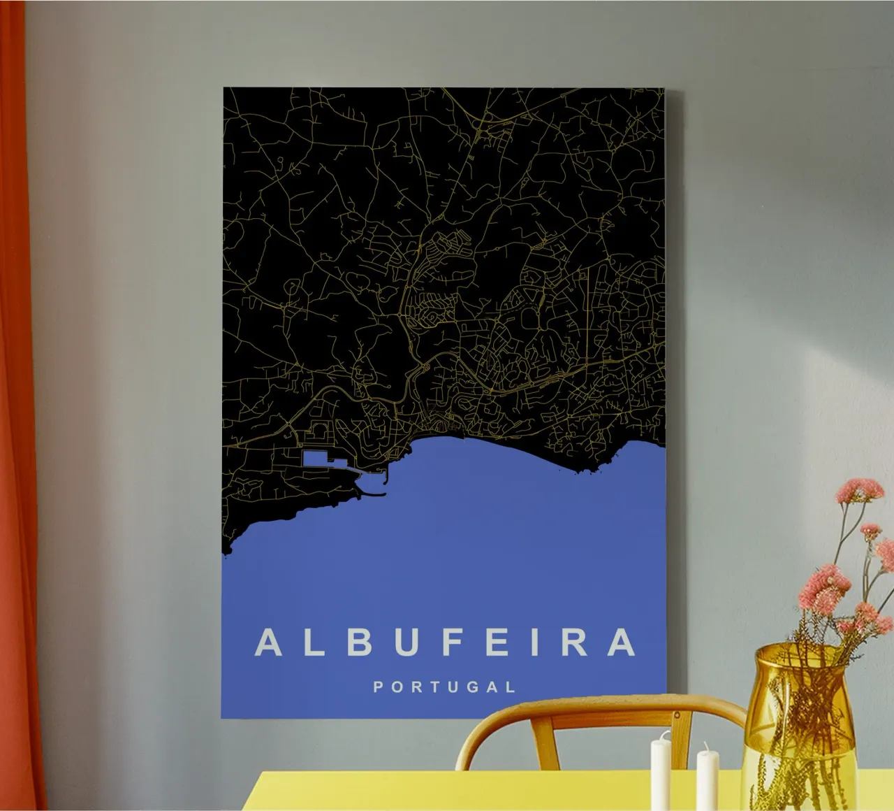 Albufeira Portogallo - Mappa della città in nero e oro tela con Cornice a cassetta da Cartographers Library