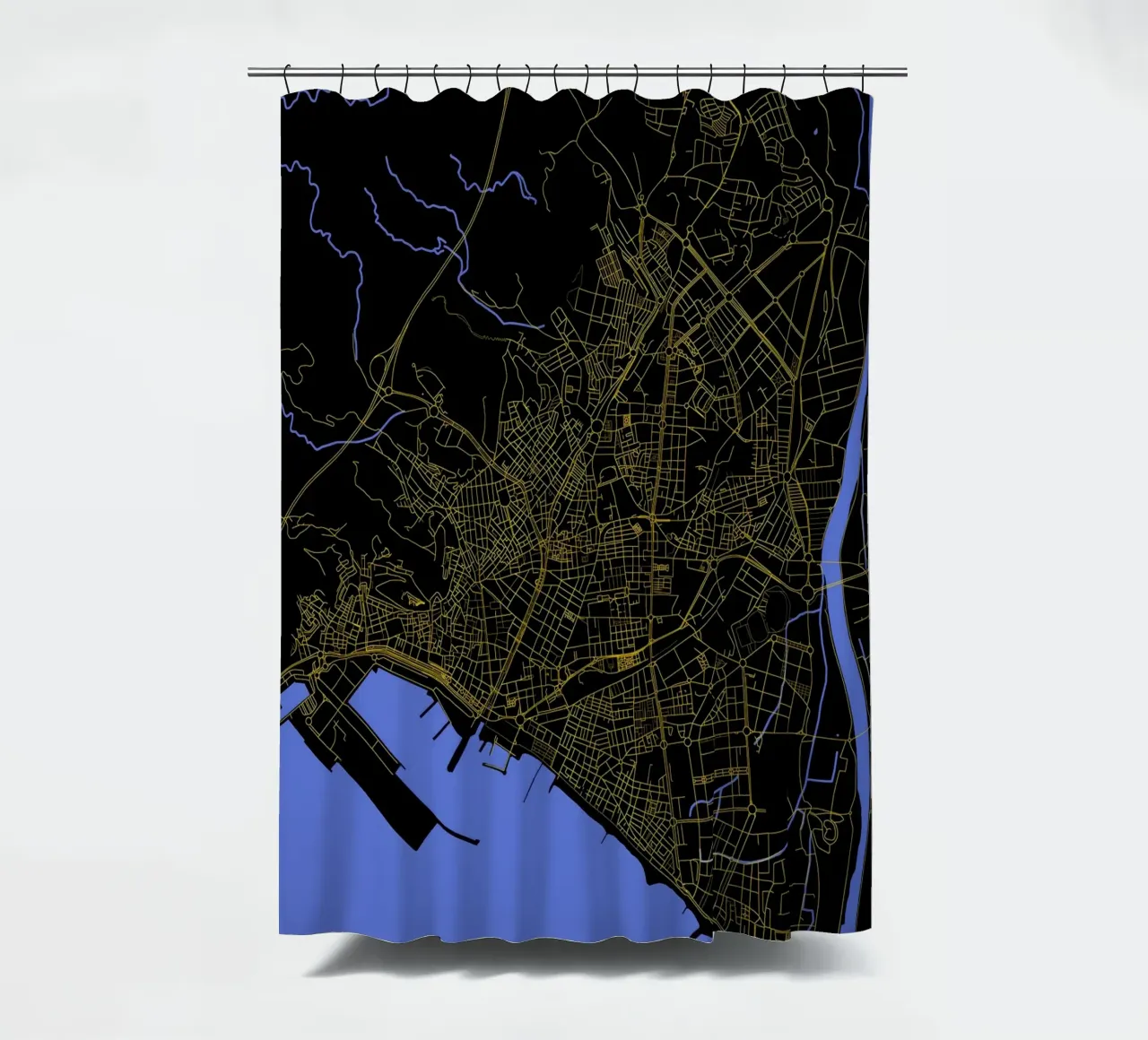 Almeria Spagna - Mappa della città in nero e oro tenda da doccia da Cartographers Library