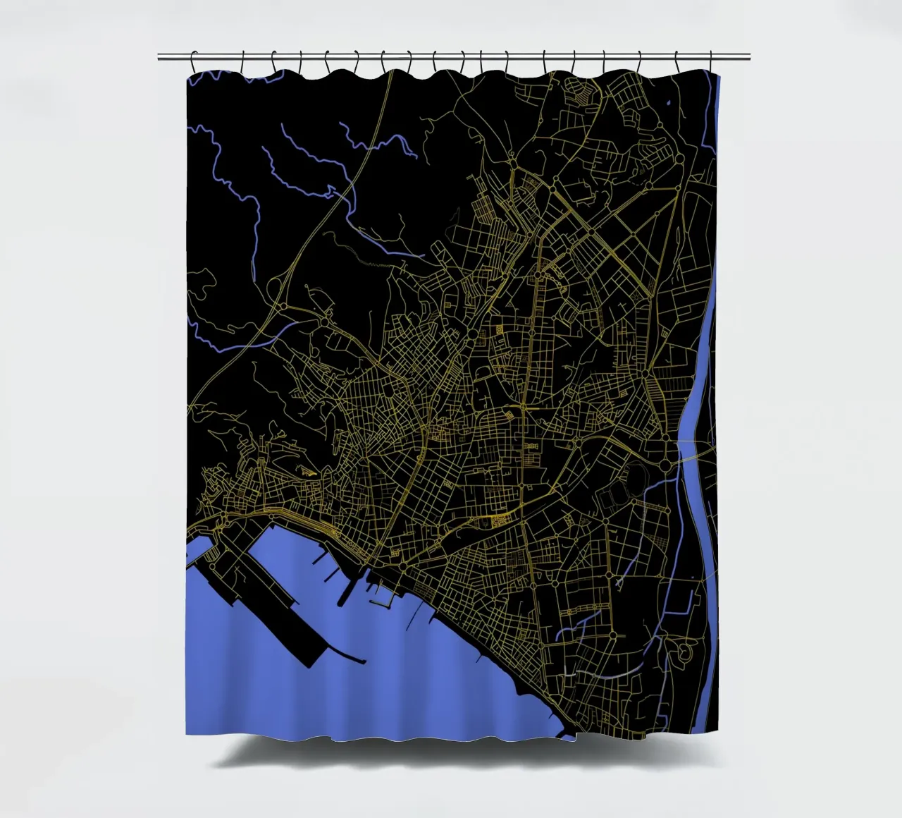 Almeria Spagna - Mappa della città in nero e oro tenda da doccia da Cartographers Library