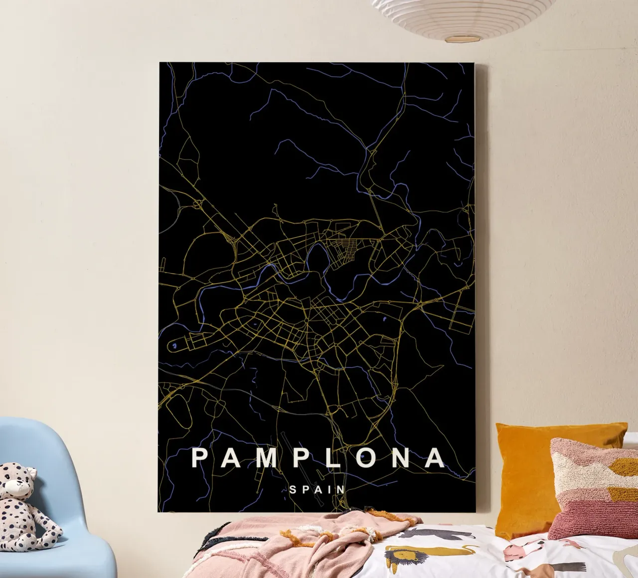 Pamplona Spagna - Mappa della città in nero e oro tela con Cornice a cassetta da Cartographers Library