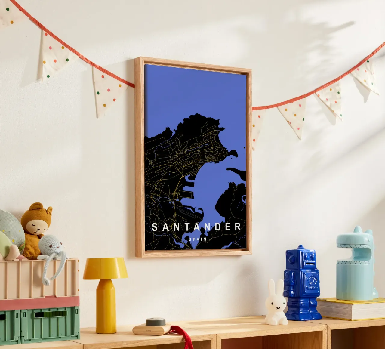 Santander Spagna - Mappa della città in nero e oro tela con Cornice a cassetta da Cartographers Library