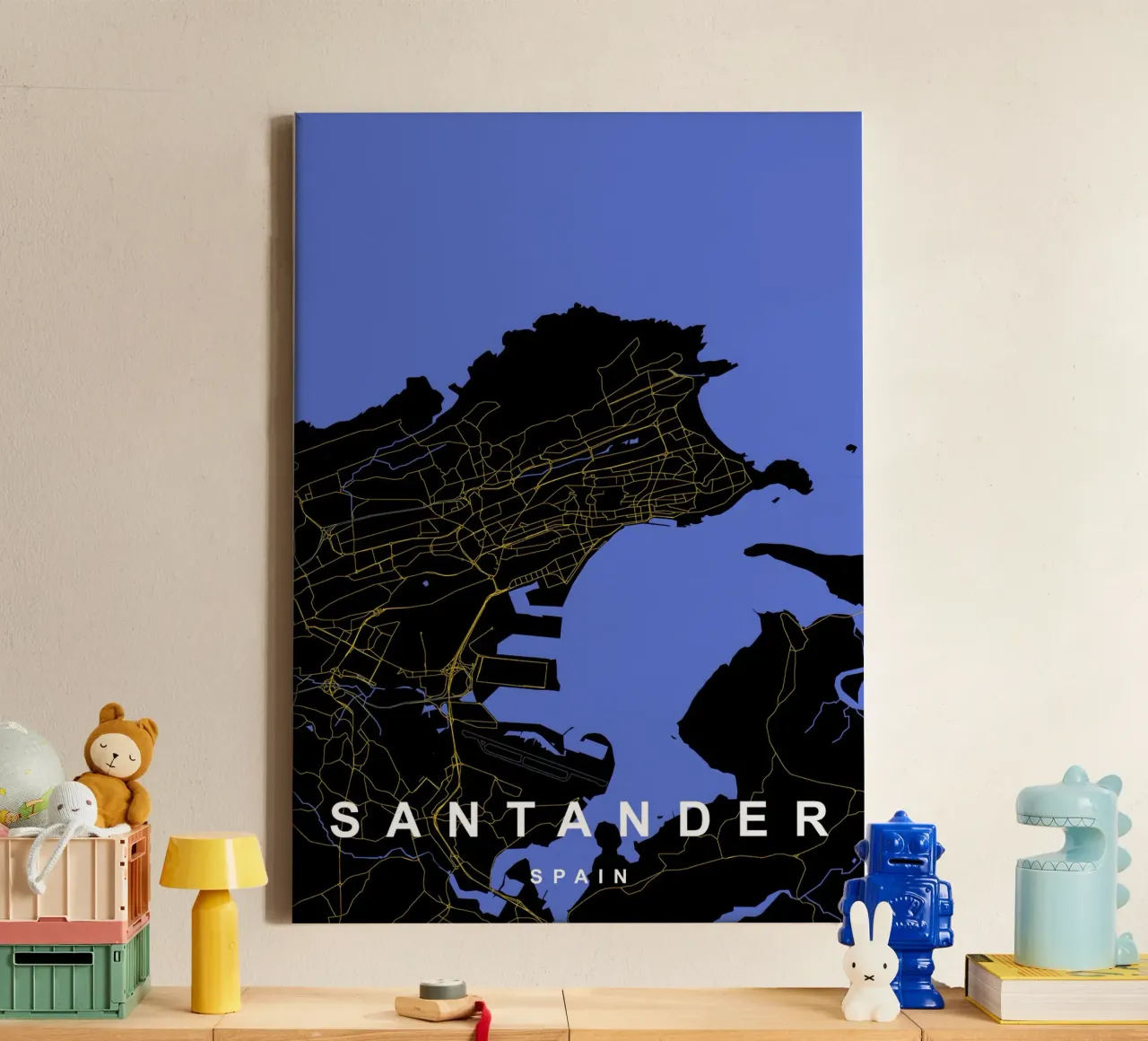 Santander Spagna - Mappa della città in nero e oro tela con Cornice a cassetta da Cartographers Library