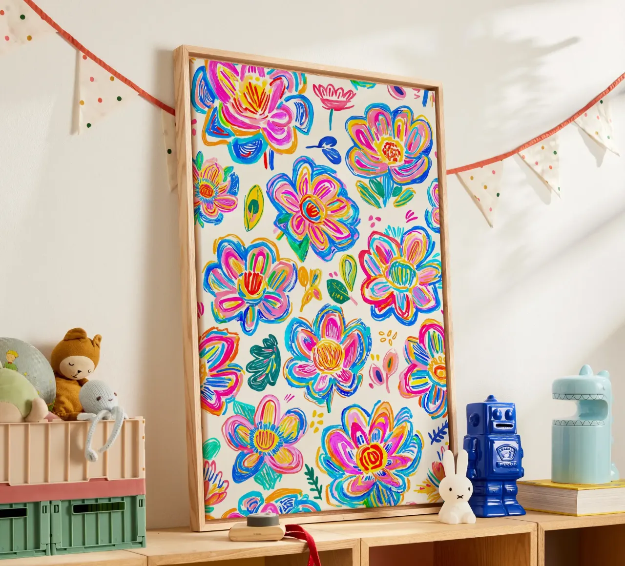 Groovy Pop Art Doodle Zomer Bloemen Veelkleurig canvas van Andrea Haase Modern Home