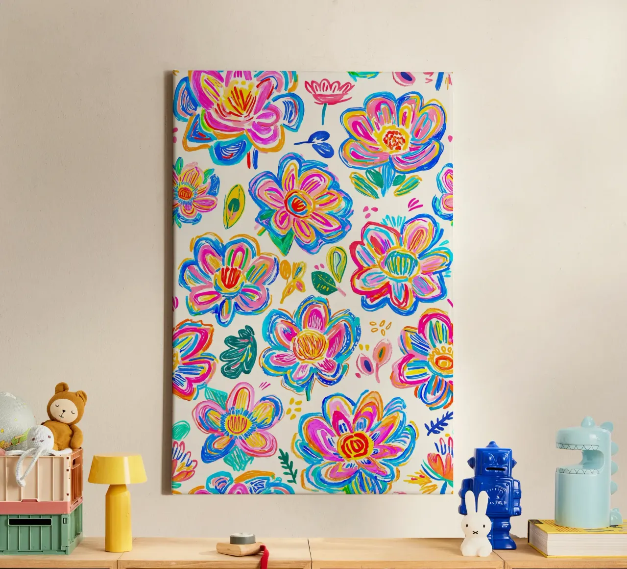 Groovy Pop Art Doodle Zomer Bloemen Veelkleurig canvas van Andrea Haase Modern Home