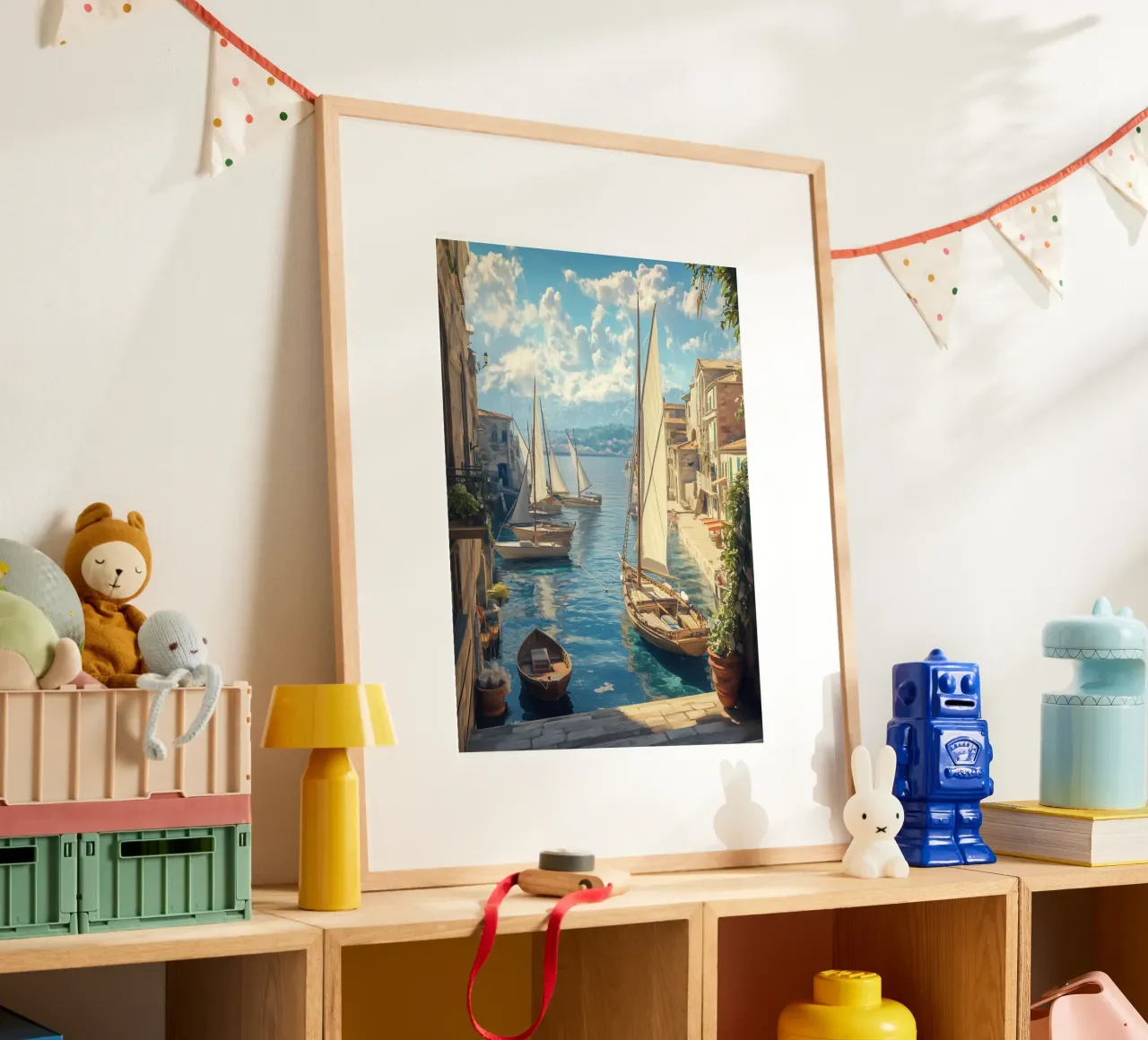 Un tranquillo porto di navigazione alla luce del giorno poster con telaio in alluminio da pixelbull - medieval art and more