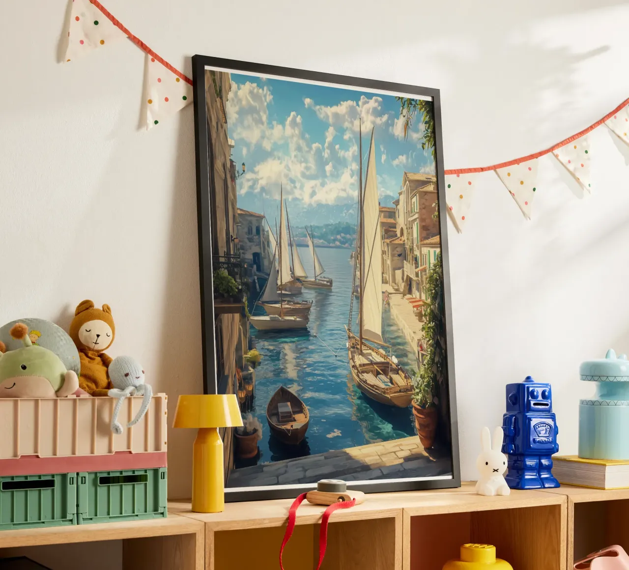 Un tranquillo porto di navigazione alla luce del giorno poster con telaio in alluminio da pixelbull - medieval art and more