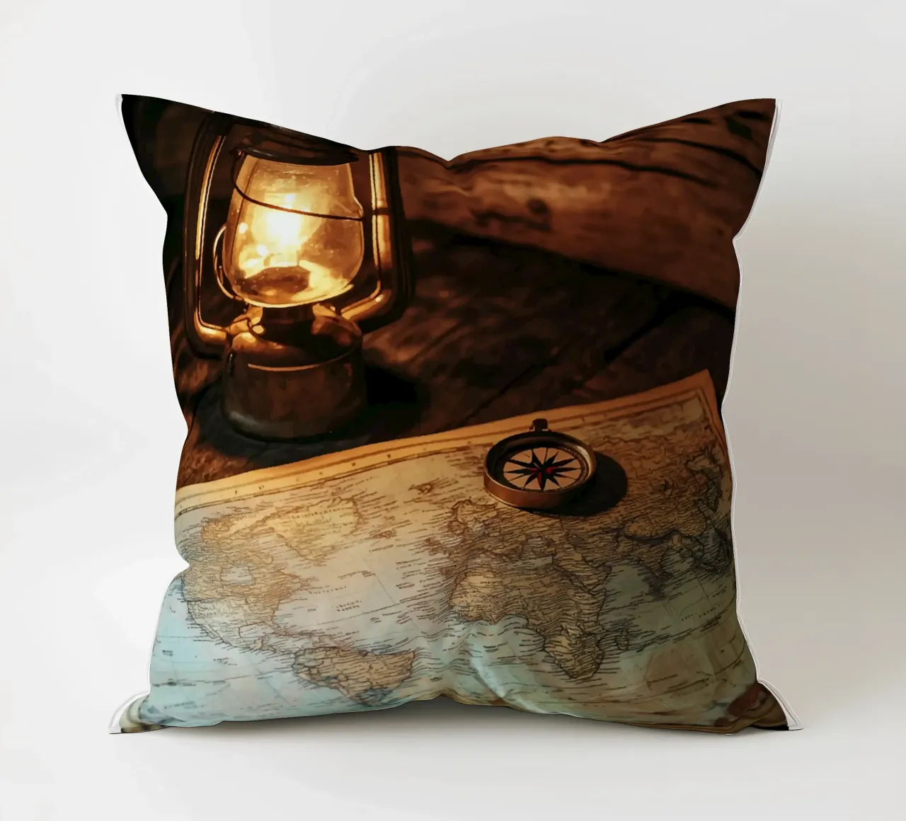 Lantern with world map and compass decorative cushion by pixelbull - medieval art and more