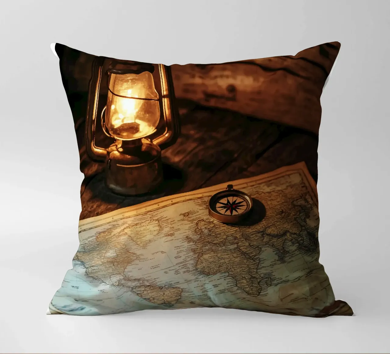 Lantern with world map and compass decorative cushion by pixelbull - medieval art and more