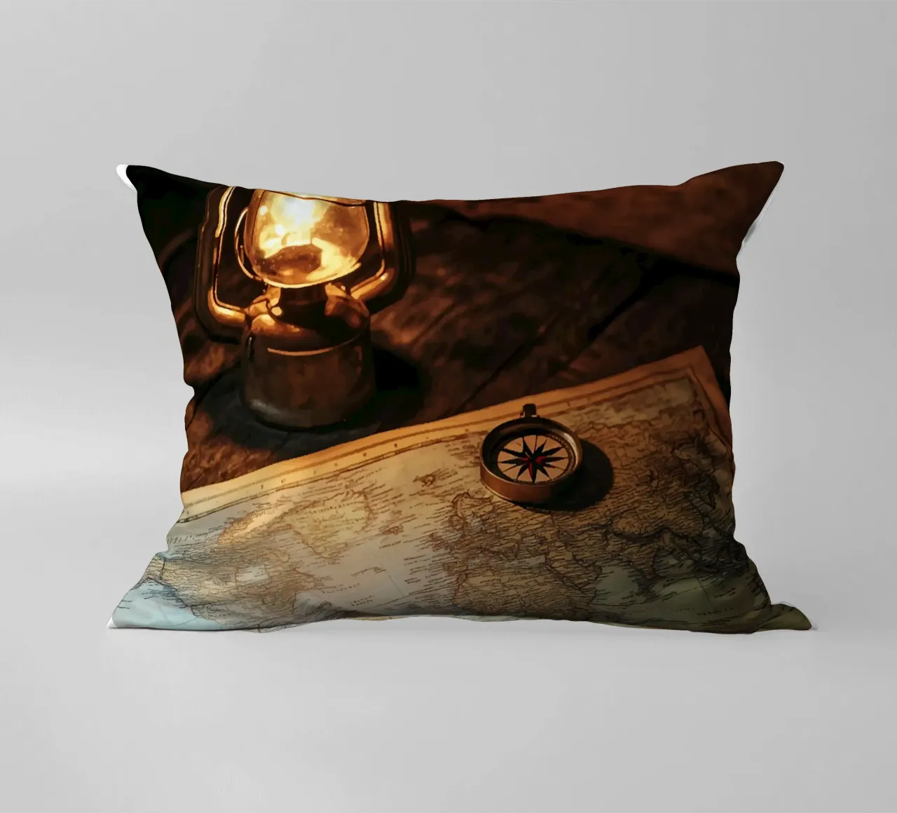 Lantern with world map and compass decorative cushion by pixelbull - medieval art and more