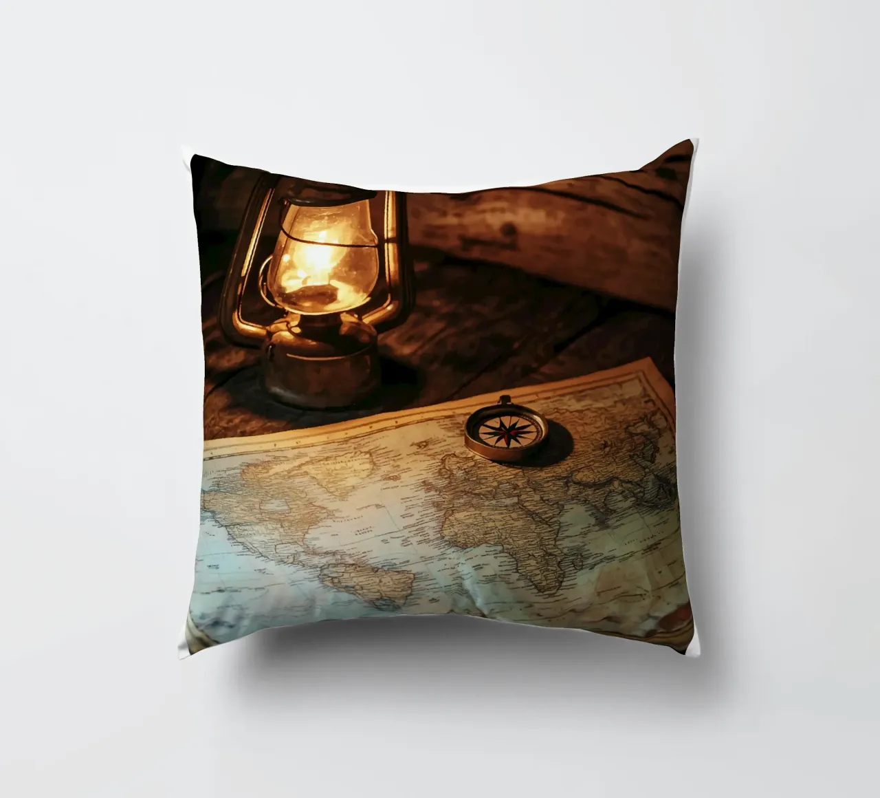 Lantern with world map and compass decorative cushion by pixelbull - medieval art and more