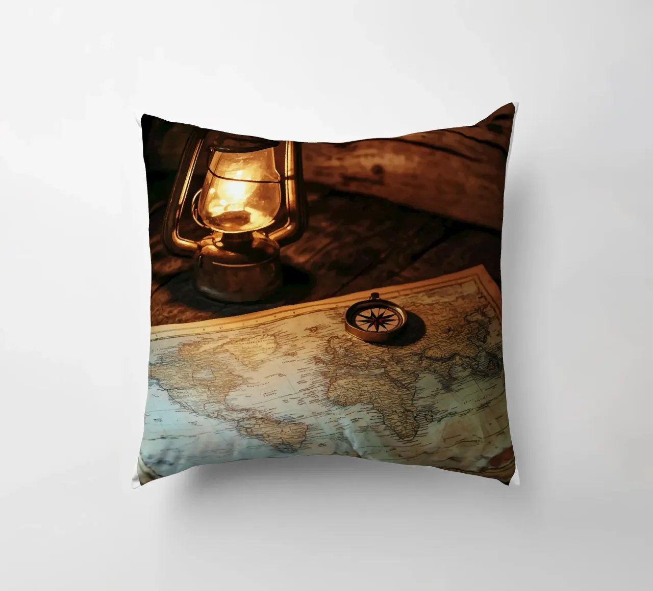 Lantern with world map and compass decorative cushion by pixelbull - medieval art and more