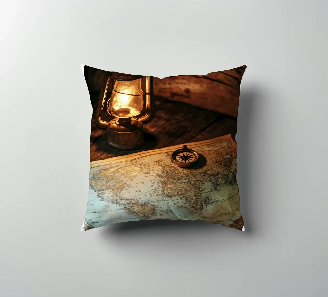 Lantern with world map and compass decorative cushion by pixelbull - medieval art and more