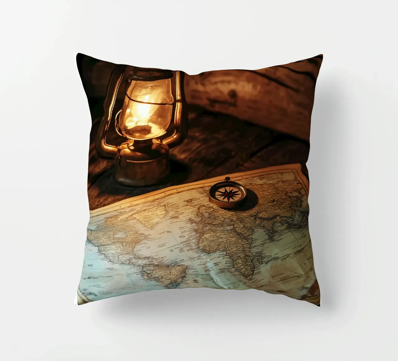 Lantern with world map and compass decorative cushion by pixelbull - medieval art and more