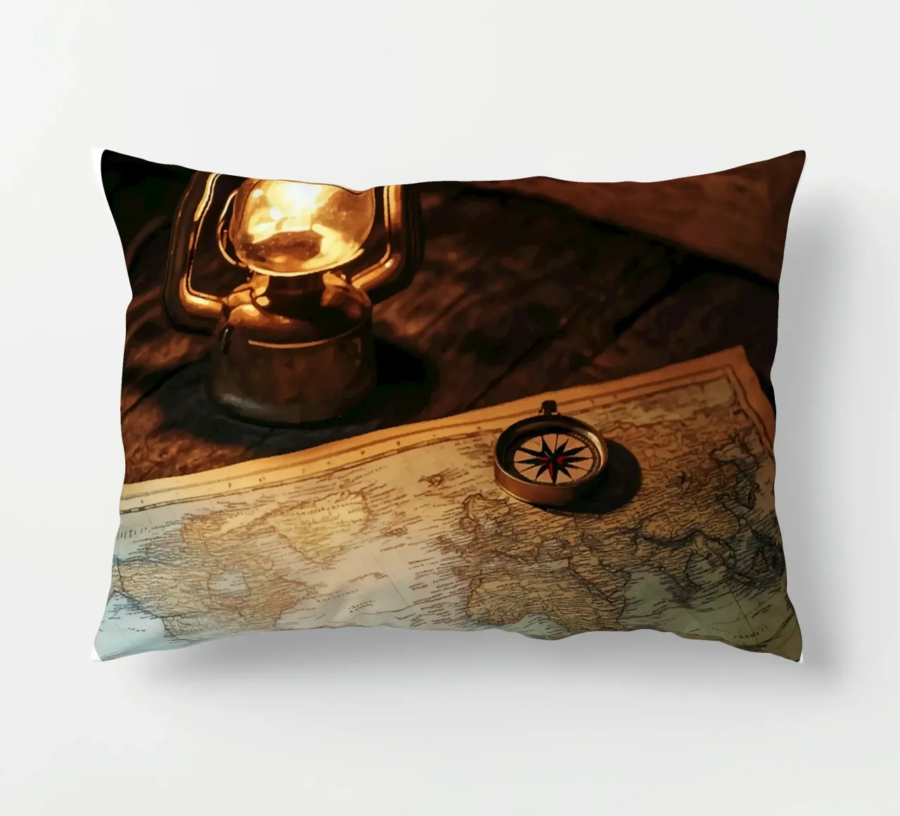 Lantern with world map and compass decorative cushion by pixelbull - medieval art and more