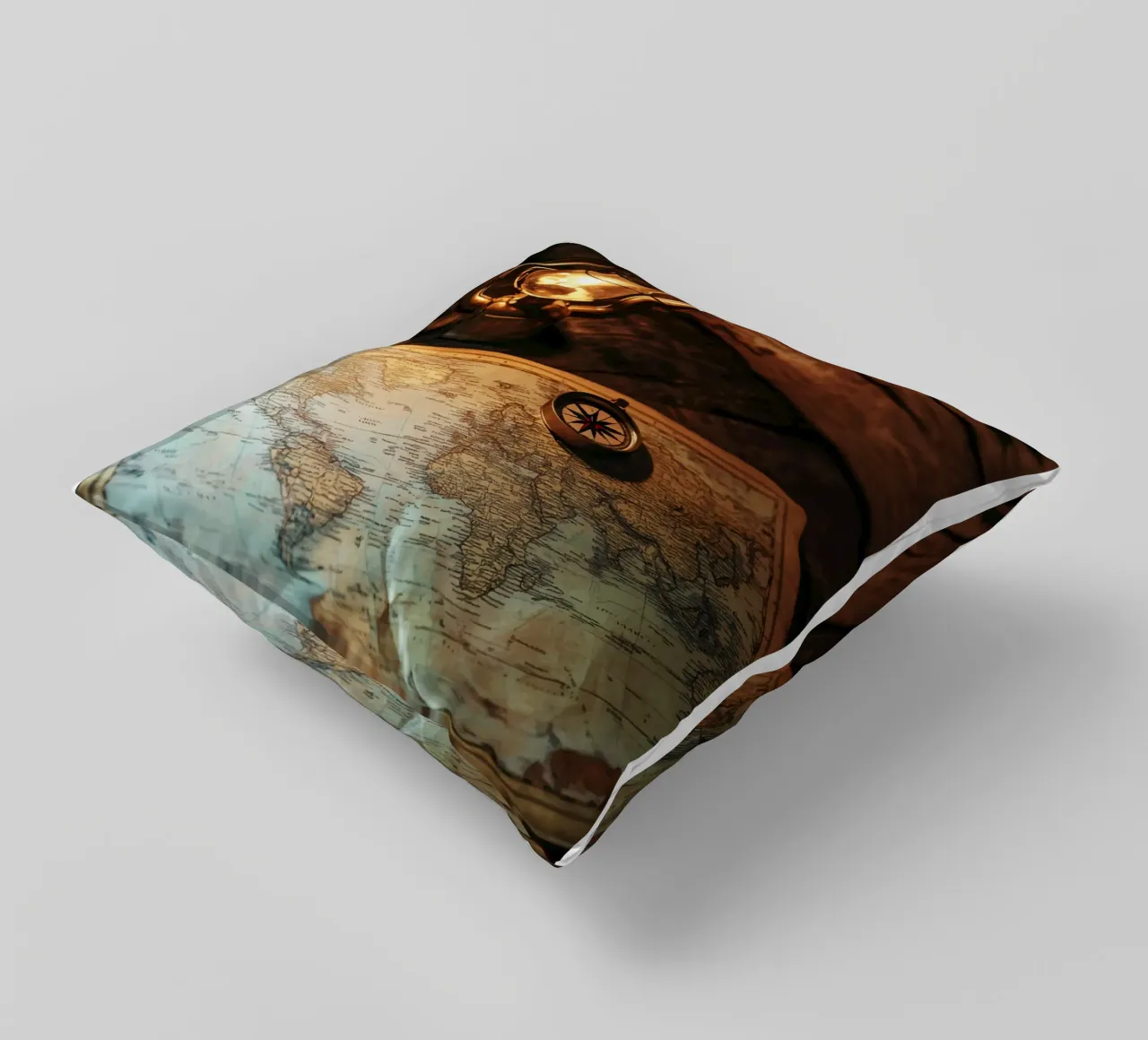 Lantern with world map and compass decorative cushion by pixelbull - medieval art and more