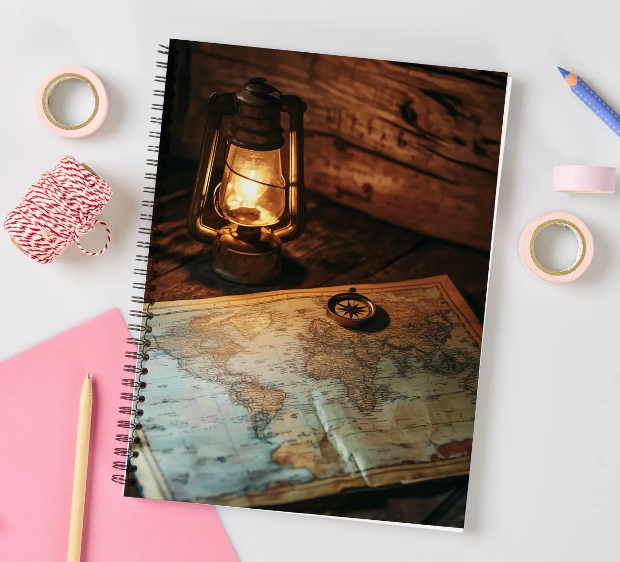Lantern with world map and compass spiral notebook by pixelbull - medieval art and more