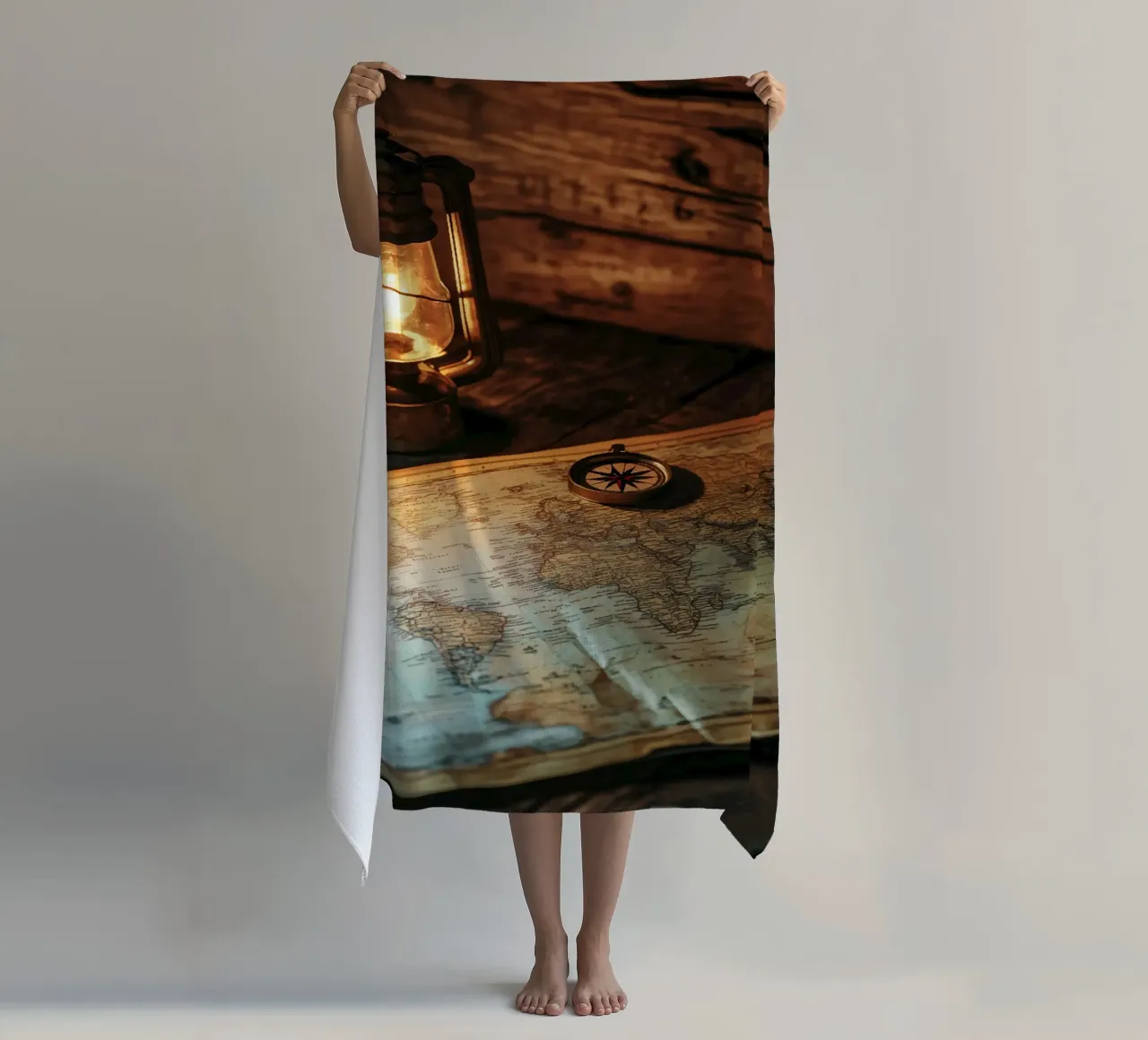Lantern with world map and compass beach towel by pixelbull - medieval art and more