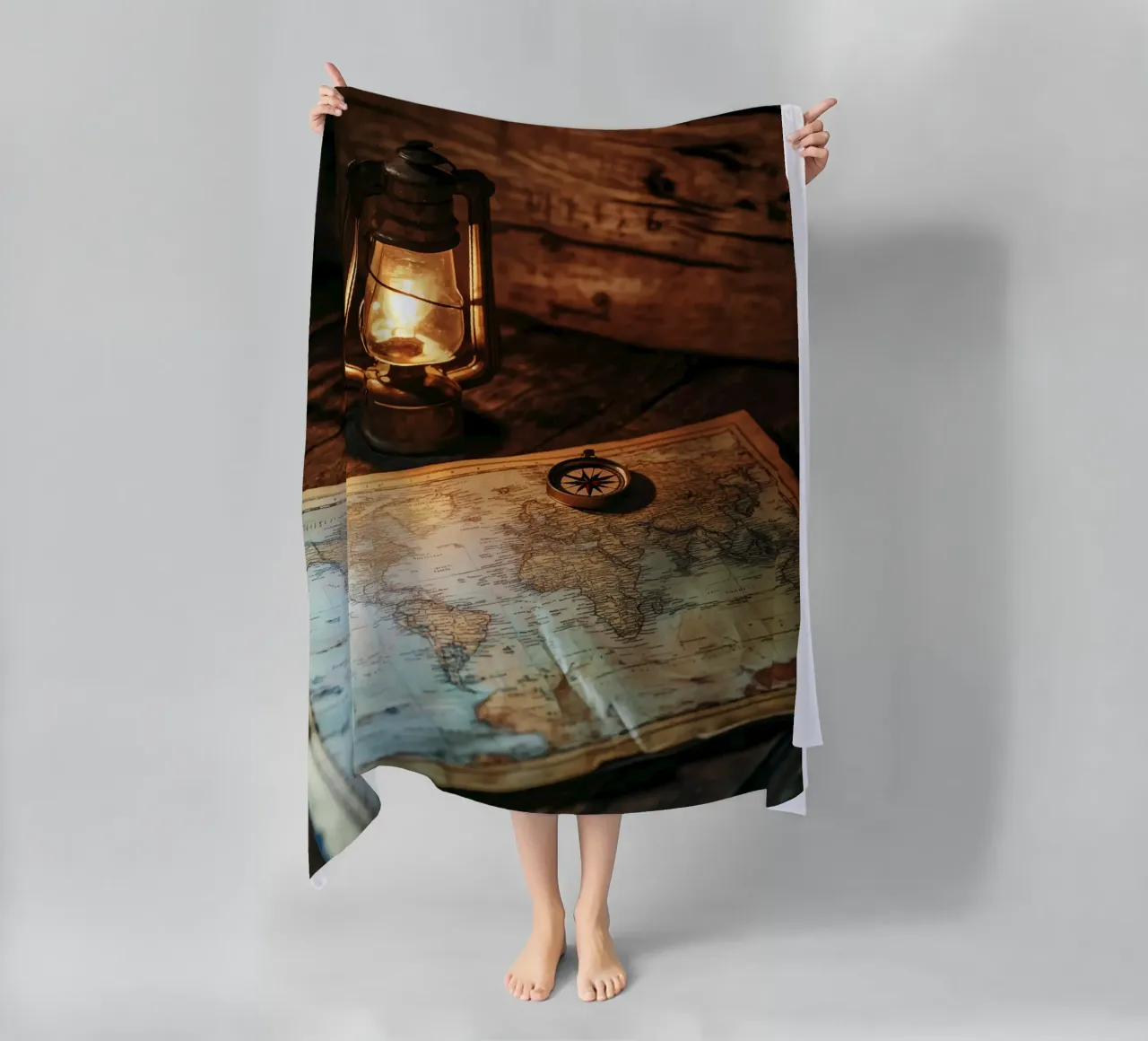 Lantern with world map and compass beach towel by pixelbull - medieval art and more