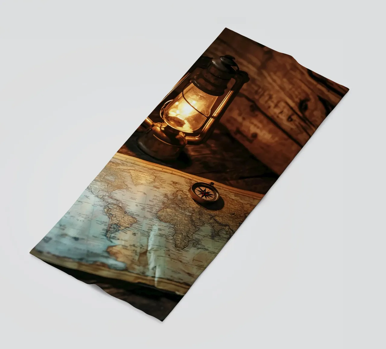 Lantern with world map and compass beach towel by pixelbull - medieval art and more
