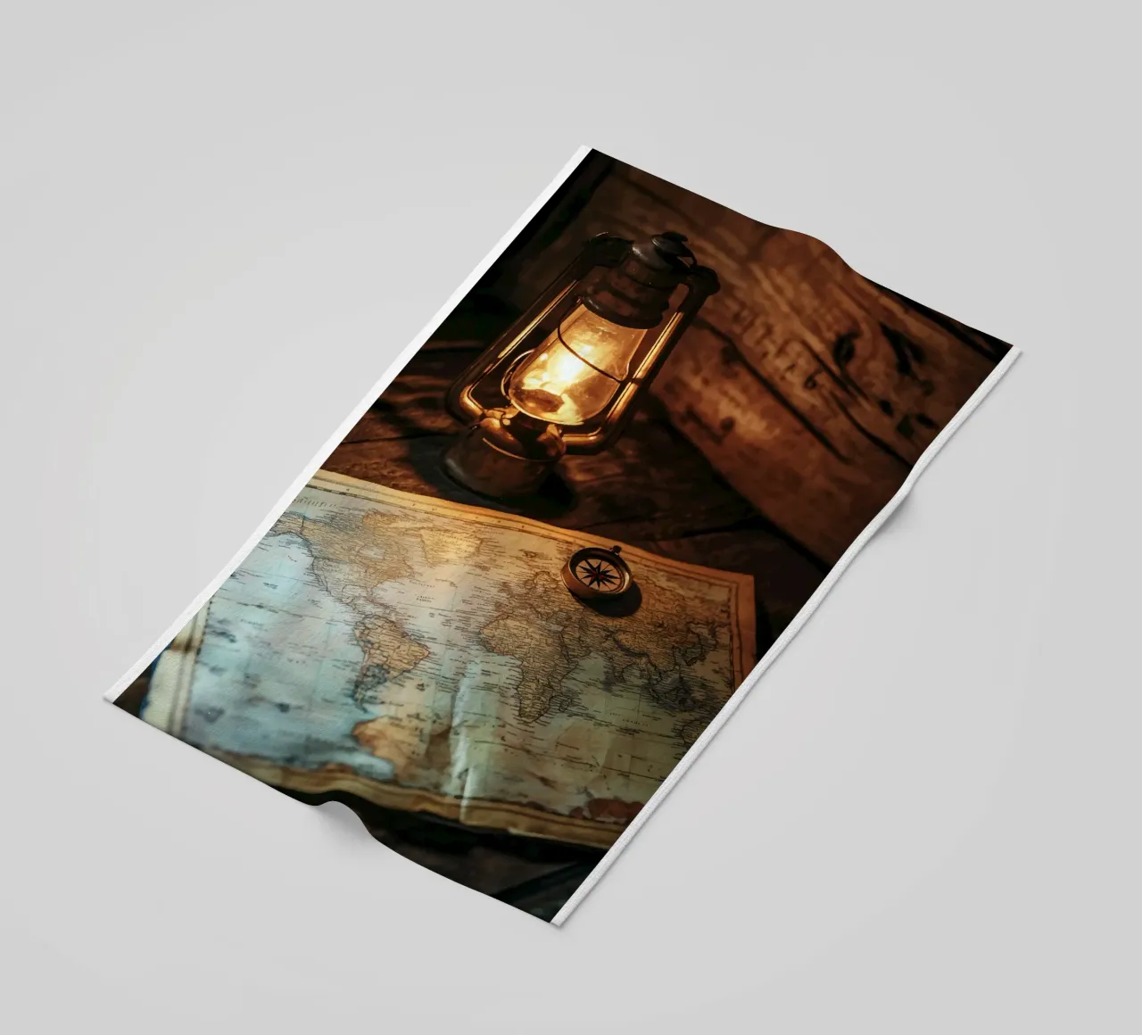 Lantern with world map and compass beach towel by pixelbull - medieval art and more