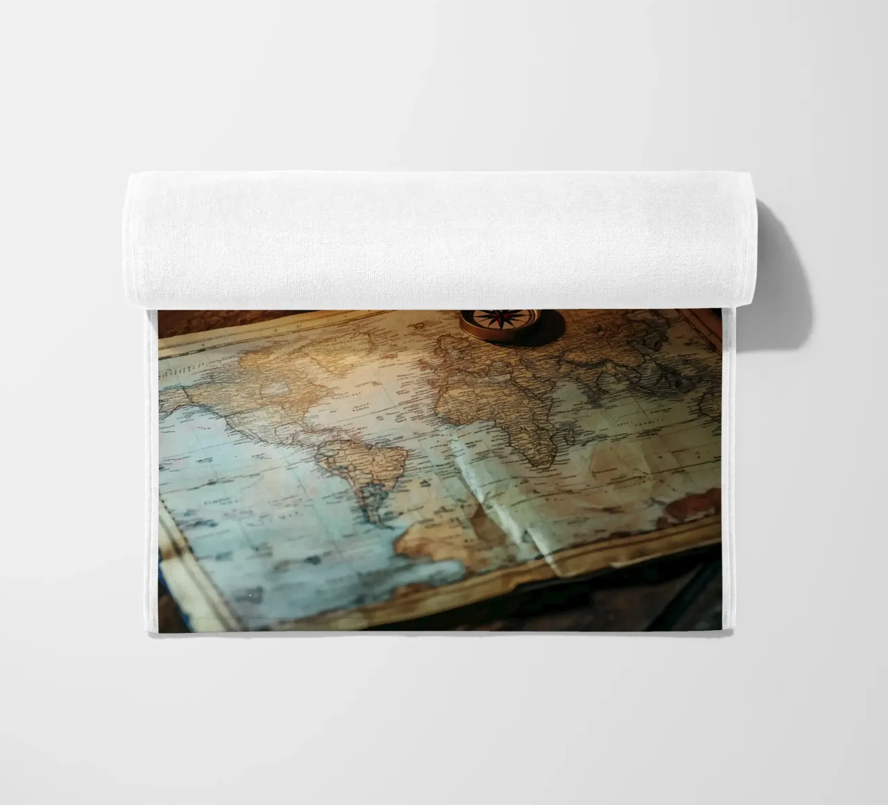 Lantern with world map and compass beach towel by pixelbull - medieval art and more