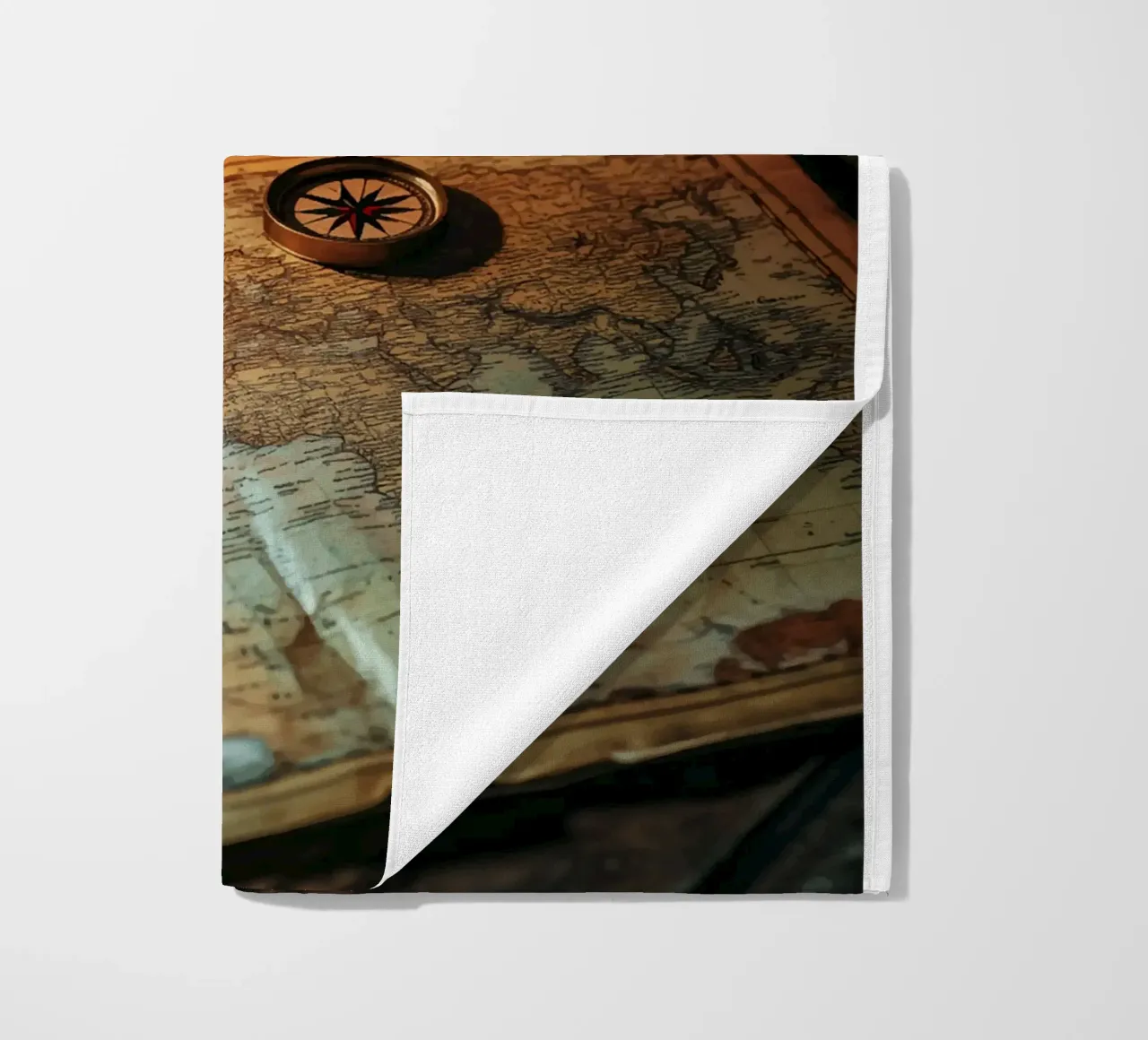 Lantern with world map and compass beach towel by pixelbull - medieval art and more