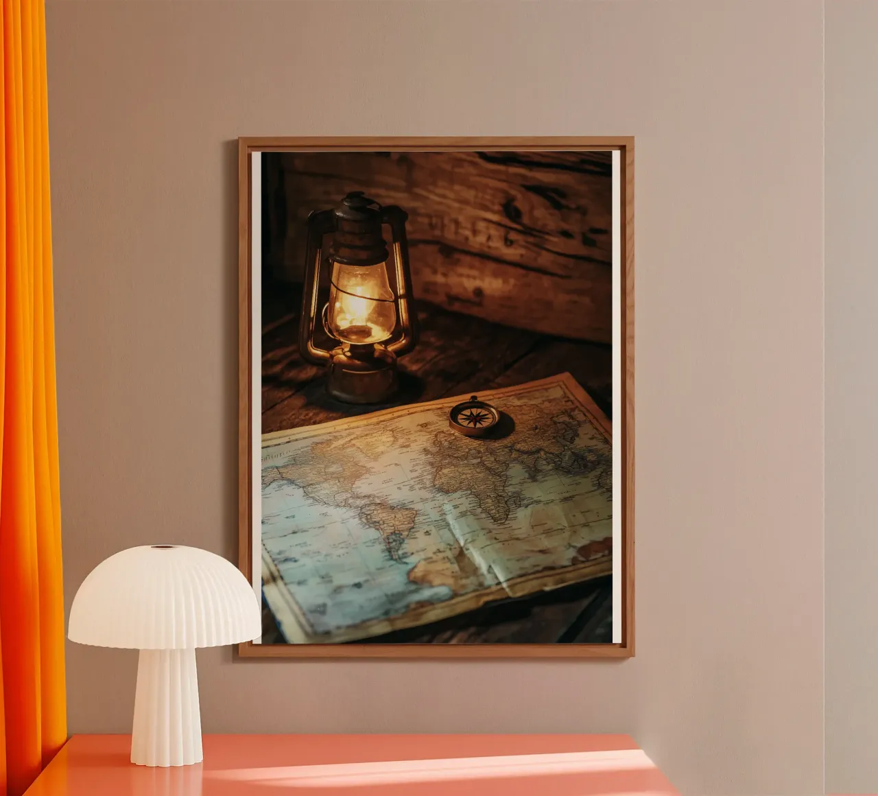 Lantern with world map and compass alu-dibond by pixelbull - medieval art and more