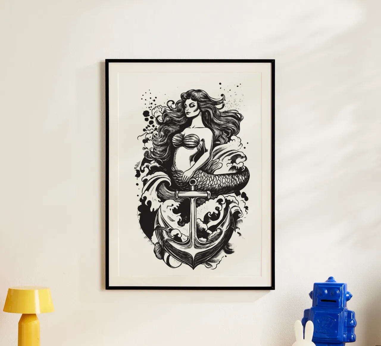 Sirena con ancora poster con telaio in alluminio da pixelbull - medieval art and more