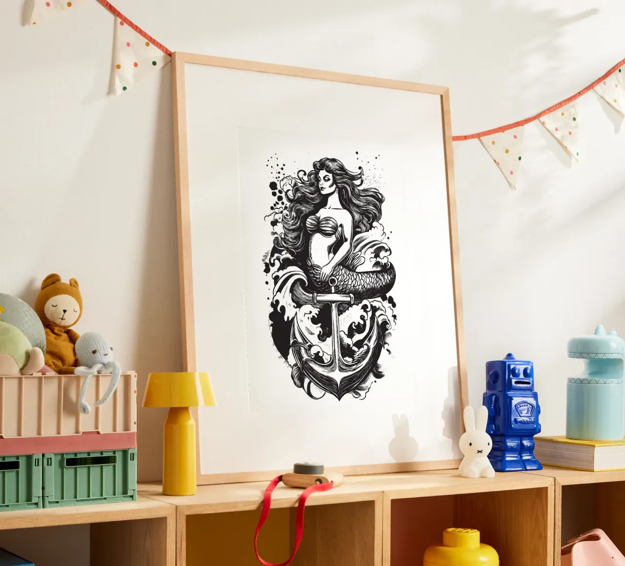 Sirena con ancora poster con telaio in alluminio da pixelbull - medieval art and more