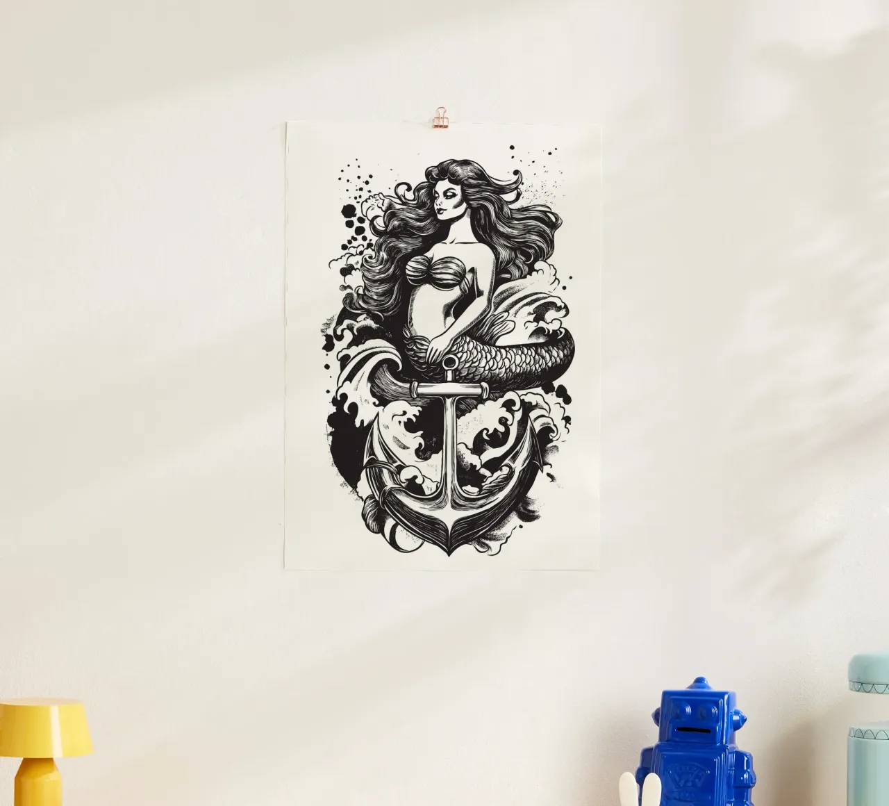 Sirena con ancora poster con telaio in alluminio da pixelbull - medieval art and more