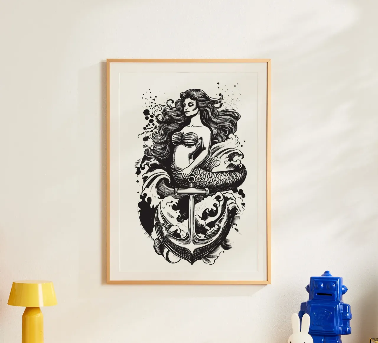 Sirena con ancora poster con telaio in alluminio da pixelbull - medieval art and more