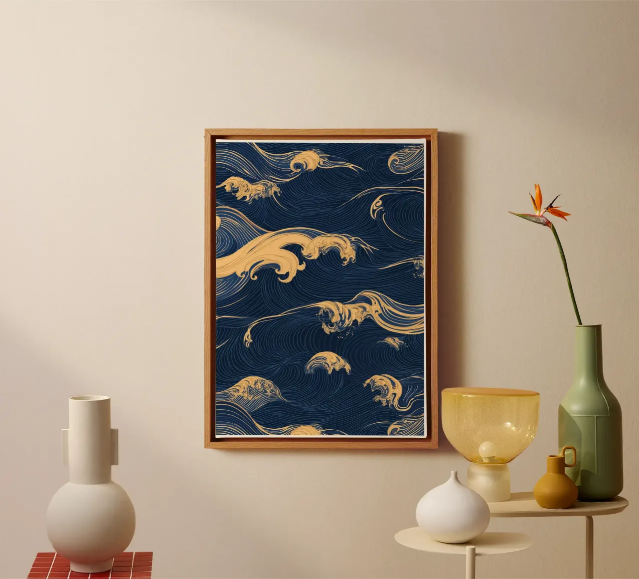 Wave pattern in gold and blue canvas with Floater frame by pixelbull - medieval art and more