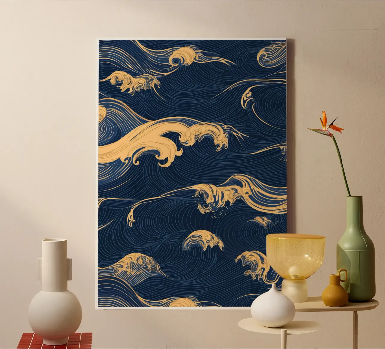 Wave pattern in gold and blue canvas with Floater frame by pixelbull - medieval art and more
